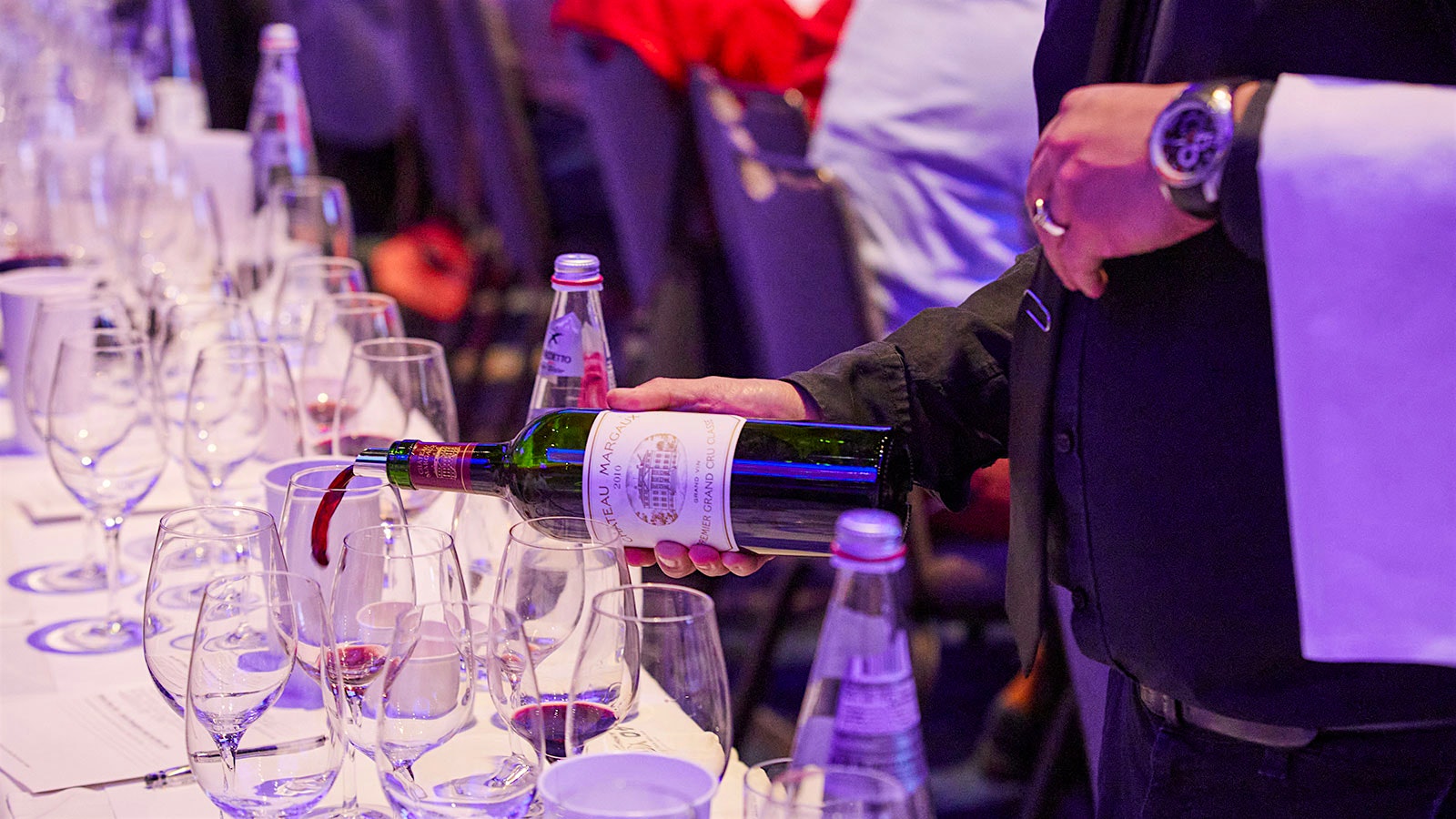 Bottle of Château Margaux grand vin being poured for Wine Experience guests